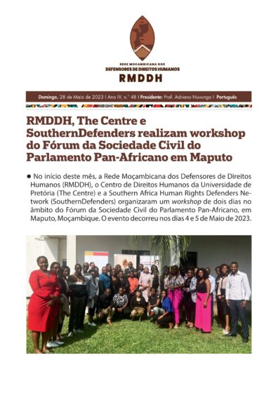 RMDDH, The Centre eSouthernDefenders realizam workshopdo Fórum da Sociedade Civil doParlamento Pan-Africano em Maputo